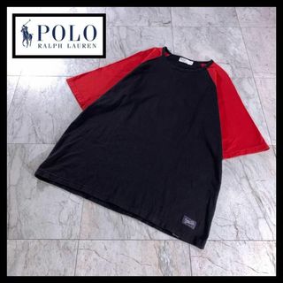 POLO RALPH LAUREN - 古着 ラルフローレン ラグラン Tシャツ 半袖 Vガゼット 黒 赤 L