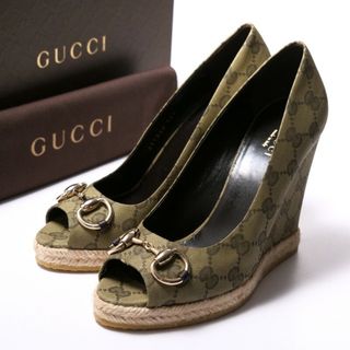 グッチ(Gucci)の■未使用品■GUCCI グッチ GGキャンバス オープントゥ パンプス 靴 レディース サイズ36.5（23.5cm相当）ホースビット ウェッジソール ブラウン イタリア製 ブランド古着【中古】20240226/GP3425(ハイヒール/パンプス)