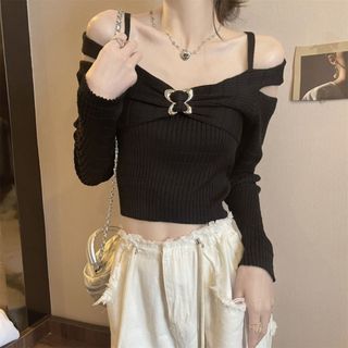 レディース　トップス　オフショルダー　ブラック　肩出し　セクシー　フリーサイズ(Tシャツ(長袖/七分))