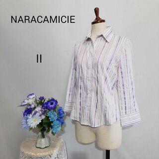 ナラカミーチェ(NARACAMICIE)のナラカミーチェ　極上美品　ストレッチ有　パープル系ストライプ柄　L　七分袖シャツ(シャツ/ブラウス(長袖/七分))