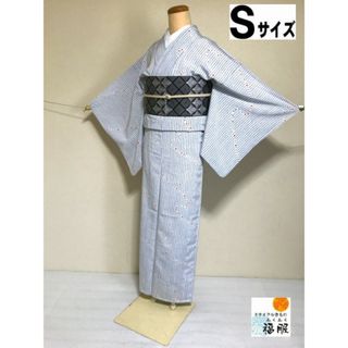 【中古】小紋 化繊 ブルーグレー地に縞模様 単衣 裄63cm Sサイズ(着物)