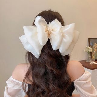 韓国　ヘアクリップ リボン シフォン ホワイト 大きめ ボリューム バレッタ(バレッタ/ヘアクリップ)