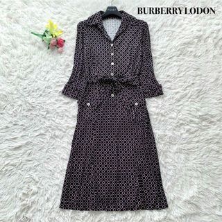 BURBERRY - 【美品】バーバリーロンドン ロング丈 ワンピース 総柄 ベルテッド ブラック M