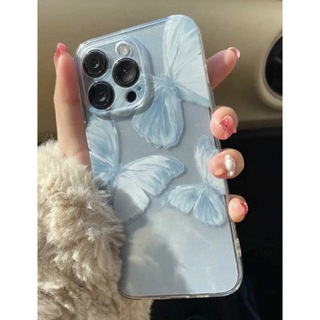 iPhone 14 ケース　ライトブルー　蝶々　バタフライ　クリア　透明　カバー(iPhoneケース)