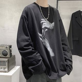 【再入荷】手プリント　ロンT  ブラック　メンズ　ハンド　長袖　オーバーサイズ(Tシャツ/カットソー(七分/長袖))