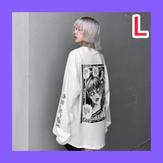 レディース Tシャツ 白 L ゆったり 長袖 バックプリント ヒップホップ 　(Tシャツ(長袖/七分))