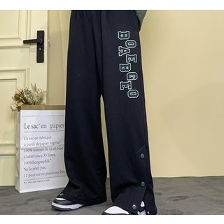 ロゴ　サイドスリット　ドロスト　ワイド　XL　黒　パンツ　スウェット　ダンス　緑(ワークパンツ/カーゴパンツ)