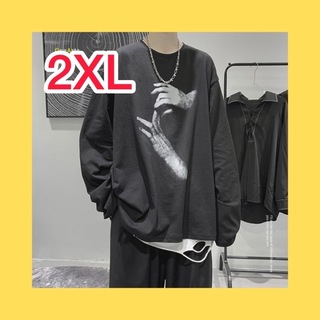 メンズ　長袖　Tシャツ　ロンT　韓国　ブラック　ロゴT　黒　2XL(Tシャツ/カットソー(七分/長袖))