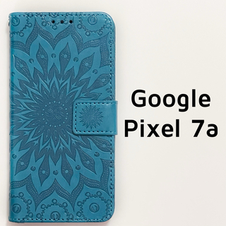 Google Pixel 7a ブルー エンボス フラワー 手帳 青(Androidケース)