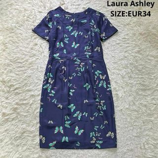 ローラアシュレイ(LAURA ASHLEY)のローラアシュレイ レーヨンシルク 蝶々柄 ワンピース バタフライ ネイビー(ひざ丈ワンピース)