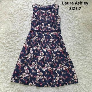 ローラアシュレイ(LAURA ASHLEY)のローラアシュレイ シルク混 花柄ノースリーブワンピース プリーツ Aライン(ひざ丈ワンピース)