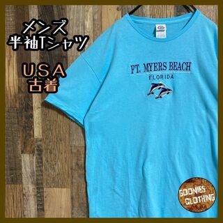 メンズ 半袖 Tシャツ 青 ドルフィン マリン ビーチ L USA古着 90s(Tシャツ/カットソー(半袖/袖なし))