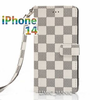 iPhone 14 手帳型 ケース 市松模様 白 チェック柄 ホワイト 格子(iPhoneケース)