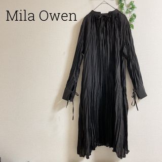 Mila Owen - ミラオーウェン　プリーツワンピース　チャコールグレー　カフス　リボン　ブラウス