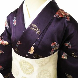 小紋 着物 中古 正絹 袷 カジュアル 刺繍 花模様 地模様 黒鳶色 多色 金 身丈161cm 裄64cm M きもの北條 A1027-3(着物)