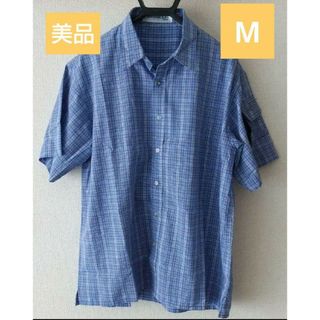 【美品】半袖 チェック シャツ メンズ M 青 ブルー チャック ポケット(シャツ)