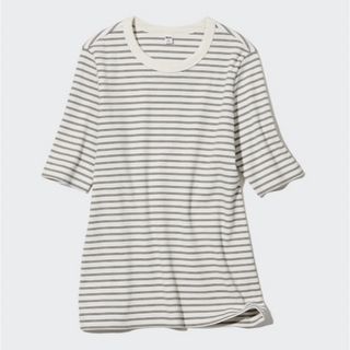 ユニクロ(UNIQLO)のUNIQLO リブボーダークルーネックT   5分袖　Sサイズ(Tシャツ/カットソー(半袖/袖なし))