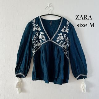 ザラ(ZARA)のZARA 刺繍 フリンジ 長袖 薄手 シャツ トップス ネイビー ブルー 白(シャツ/ブラウス(長袖/七分))