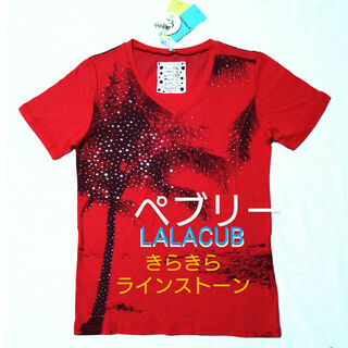 ペブリー 赤 LALACUB キラキラ Tシャツ Vネック カットソー ビーチ(Tシャツ(半袖/袖なし))