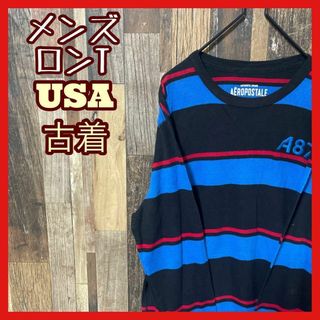 メンズ ロンT 長袖 ボーダー ブルー L USA古着 90s Tシャツ(Tシャツ/カットソー(七分/長袖))