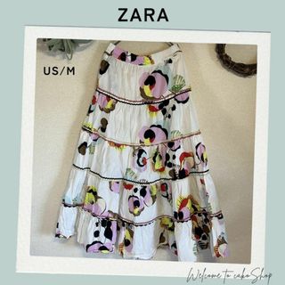 ザラ(ZARA)の美品》ザラ　ZARA　プリント花柄　ロングティアード　フレアスカート　US/M(ロングスカート)