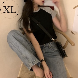 【新作】 レディース 半袖 Tシャツ ブラック Uネック バイカラー XL 流行(Tシャツ(半袖/袖なし))