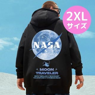 【冬物セール】メンズ オーバーサイズ　ロゴ　パーカー ヒップホップ  2XL 黒(パーカー)