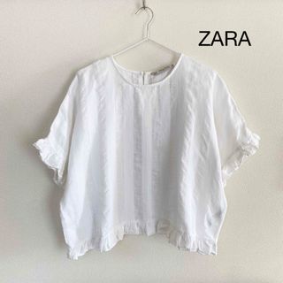 ザラ(ZARA)のZARA ZARABASIC フリル ストライプ リネン ブラウス(シャツ/ブラウス(半袖/袖なし))