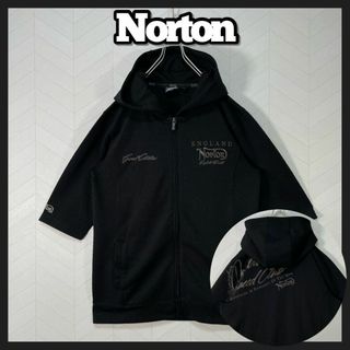 美品 Norton ノートン パーカー 5分袖 両面刺繍ロゴ ジップアップ 黒