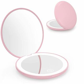 【色:ピンク】ミラー 鏡 10倍拡大鏡付 LEDライト付き 両面コンパクトミラー