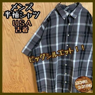 メンズ チェック シャツ ブラック グレー USA古着 90s 半袖 XXL 黒(シャツ)