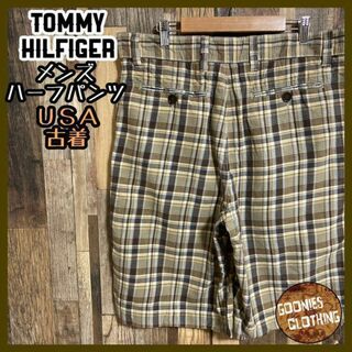 トミーヒルフィガー(TOMMY HILFIGER)のトミーヒルフィガー チェック ベージュ ハーフ パンツ USA古着 メンズ(ショートパンツ)