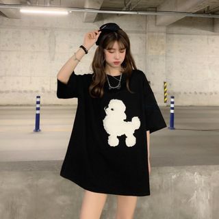 【人気】 Tシャツ プードル シンプル 大きめ 韓国 キュート 黒 XL(Tシャツ(半袖/袖なし))