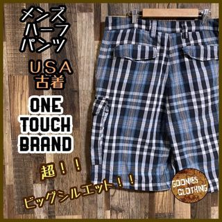 メンズ ハーフ ネイビー 38 2XL チェック柄 カーゴパンツ USA古着(ショートパンツ)