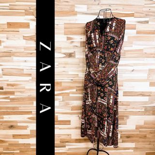 ザラ(ZARA)の【ザラ】 小花 フローラル プリント ロング ワンピース リボン S 黒×ピンク(ロングワンピース/マキシワンピース)