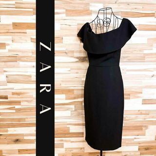 ザラ(ZARA)の【ザラ】ノースリーブ ロング ドレス コクーン ワンピース フリル M黒ブラック(ひざ丈ワンピース)