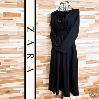 ザラ(ZARA)の【ザラ】ウエストゴム Vネック ロング ワンピース ラグランスリーブ XS 黒(ロングワンピース/マキシワンピース)