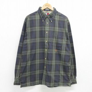 トミーヒルフィガー(TOMMY HILFIGER)のXL★古着 トミーヒルフィガー TOMMY HILFIGER 長袖 ブランド シャツ メンズ 90年代 90s ワンポイントロゴ コットン ボタンダウン 紺他 ネイビー チェック 24may30 中古 トップス(シャツ)