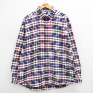 トミーヒルフィガー(TOMMY HILFIGER)のXL★古着 トミーヒルフィガー TOMMY HILFIGER 長袖 ブランド シャツ メンズ 90年代 90s ワンポイントロゴ 大きいサイズ コットン ボタンダウン 紺他 ネイビー チェック 24may30 中古 トップス(シャツ)