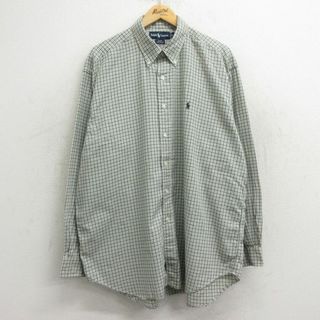 ラルフローレン(Ralph Lauren)のXL★古着 ラルフローレン Ralph Lauren 長袖 ブランド シャツ メンズ 90年代 90s ワンポイントロゴ ロング丈 コットン ボタンダウン ベージュ系他 カーキ チェック 24may30 中古 トップス(シャツ)