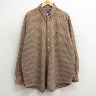 ラルフローレン(Ralph Lauren)のXL★古着 ラルフローレン Ralph Lauren 長袖 ブランド シャツ メンズ 90年代 90s ワンポイントロゴ 大きいサイズ ロング丈 コットン ボタンダウン 茶他 ブラウン チェック 24may30 中古 トップス(シャツ)