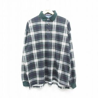 XL★古着 バンヒューセン 長袖 ポロ シャツ メンズ 90年代 90s 大きいサイズ コットン 緑他 グリーン チェック 24may30 中古 トップス(ポロシャツ)