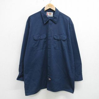 ディッキーズ(Dickies)のXL★古着 ディッキーズ Dickies 長袖 ワークシャツ メンズ 大きいサイズ ロング丈 紺 ネイビー 24may30 中古 トップス(シャツ)