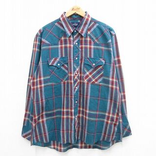 ラングラー(Wrangler)のXL★古着 ラングラー Wrangler 長袖 ウエスタン シャツ メンズ 90年代 90s 青緑他 チェック 24may30 中古 トップス(シャツ)