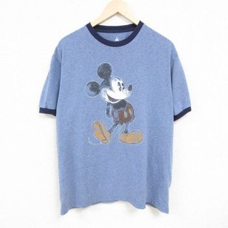 Disney - XL★古着 半袖 Tシャツ メンズ ディズニー DISNEY ミッキー MICKEY MOUSE 大きいサイズ クルーネック 青系 ブルー リンガー 霜降り 24may30 中古