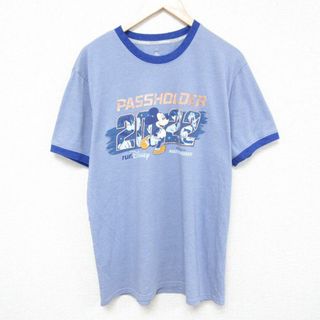 ディズニー(Disney)のL★古着 半袖 Tシャツ メンズ ディズニー DISNEY ミッキー MICKEY MOUSE クルーネック 青 ブルー リンガー 霜降り 24may30 中古(Tシャツ/カットソー(半袖/袖なし))