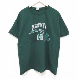 Hanes - XL★古着 ヘインズ Hanes 半袖 Tシャツ メンズ ハワイ コットン クルーネック 濃緑 グリーン 24may30 中古