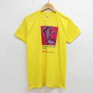 スクリーンスターズ(SCREEN STARS)のM★古着 スクリーンスターズ 半袖 ビンテージ Tシャツ メンズ 80年代 80s マラソン コットン クルーネック 黄 イエロー 24may30 中古(Tシャツ/カットソー(半袖/袖なし))