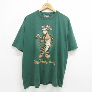 ディズニー(Disney)のXL★古着 半袖 ビンテージ Tシャツ メンズ 00年代 00s ディズニー DISNEY くまのプーさん ティガー 大きいサイズ コットン クルーネック 緑 グリーン 【spe】 24may30 中古(Tシャツ/カットソー(半袖/袖なし))