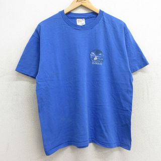 ヘインズ(Hanes)のL★古着 ヘインズ Hanes 半袖 ビンテージ Tシャツ メンズ 90年代 90s ハワイ コットン クルーネック 青 ブルー 24may30 中古(Tシャツ/カットソー(半袖/袖なし))